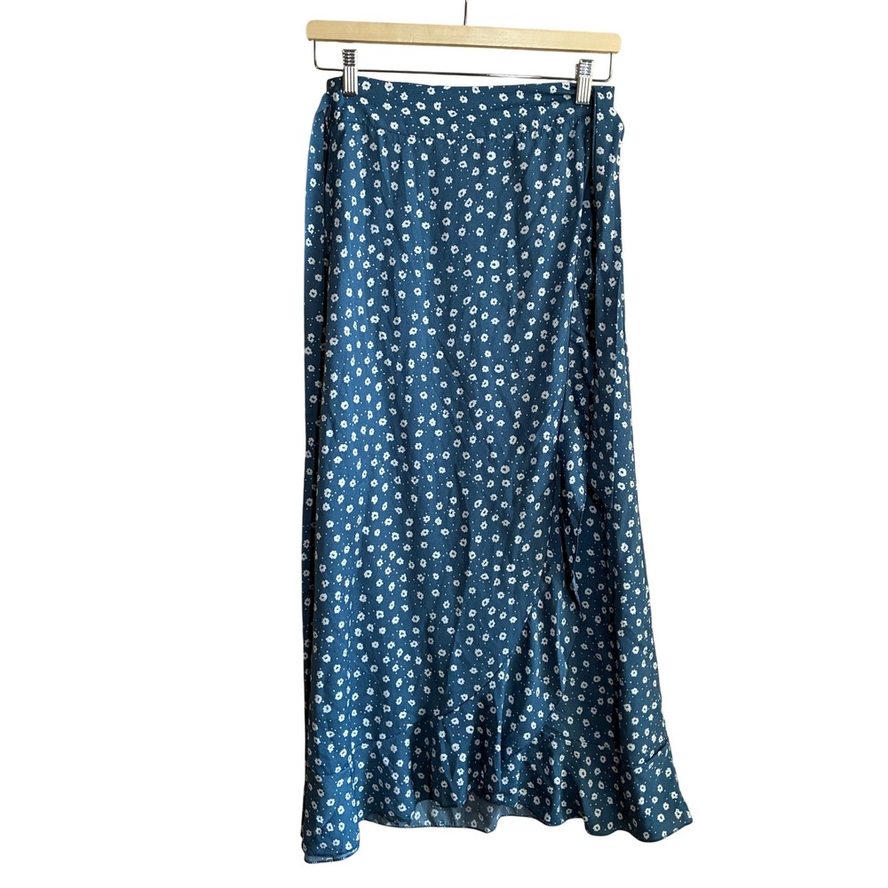 Floral Wrap Midi Skirt M Blue Womens Ruffle Hem Polyester Cottageecore